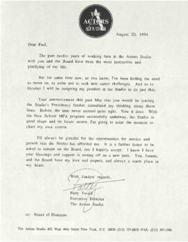 Επιστολή από Patty Ewald - Executive Director of Actors Studio 20/8/1994