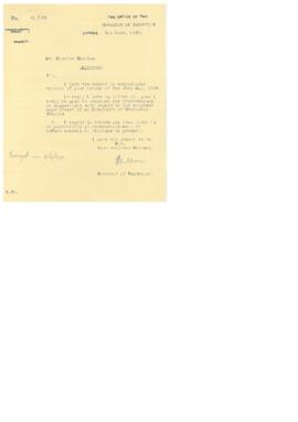 Απάντηση επιστολής από τον Director of Education προς Νικόλαο Ξιούτα 2.6.1934
