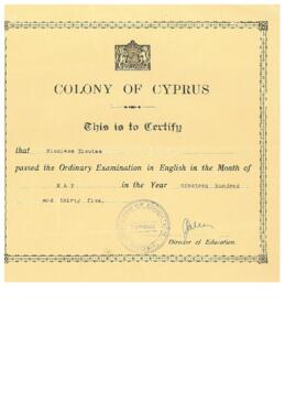 Βεβαίωση του Director of Education Nicosia Cyprus, May 1935