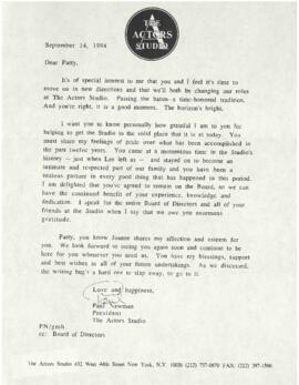 Επιστολή από Paul Newman The  President of Actors Studio 14/9/1994