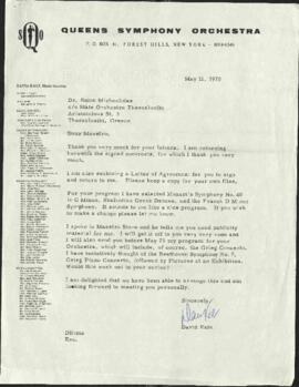 Επιστολή προς Σ.Μιχαηλίδη ημερομηνίας 12/5/1970 από τον David Kantz Music Director Queens Symphon...