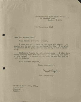 Επιστολή του Hon. Secretatry International Folk Music Council στο Σόλωνα Μιχαηλίδη 4/11/1949