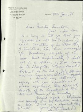 Επιστολή Σόλωνα Μιχαηλίδη προς Maestro Surshire 28/6/1976