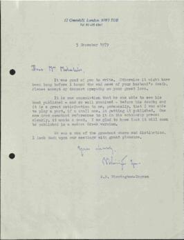 Επιστολή R.P. Winnington-Ingram προς Miss Michaelides 5/12/1979
