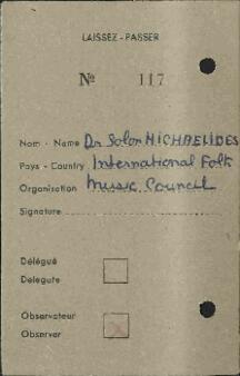 Κάρτα συμμετοχής Σόλωνα Μιχαηλίδη στο International conference on music education 1953