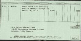Απόδειξη πληρωμής του Σ. Μιχαηλίδη για τις υπηρεσίες του στο Morris Harvey College 19/3/1973