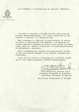 Σημείωμα Carlo Alberto Pizzini αντιπροέδρου Accademia Nazionale di Musica σχετικά με το Σόλωνα Μι...