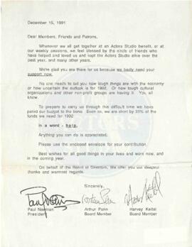 Επιστολή από Paul Newman The President of Actors Studio 15/12/1991