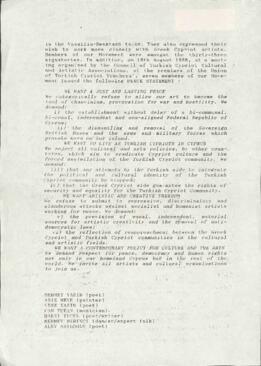 A peace statement by the young turkish cypriot literature and arts movement